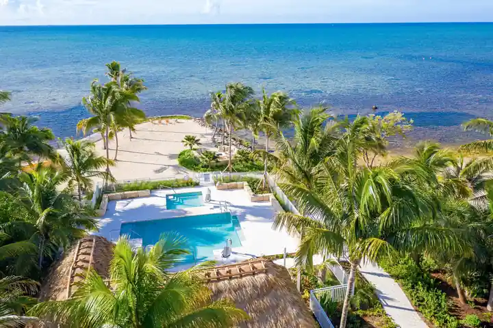 Aerial of a palm-lined pool and spa between thatched roofs and the ocean at Islands of Islamorada