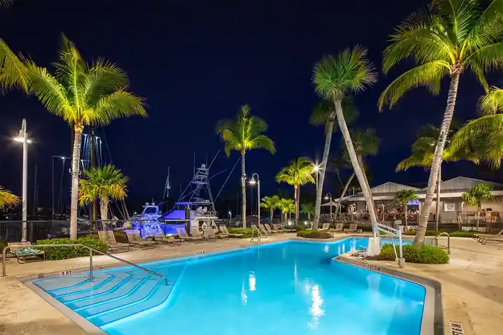 Marina pool at night with lit palms and sport-fishing boats behind at Stock Island Marina