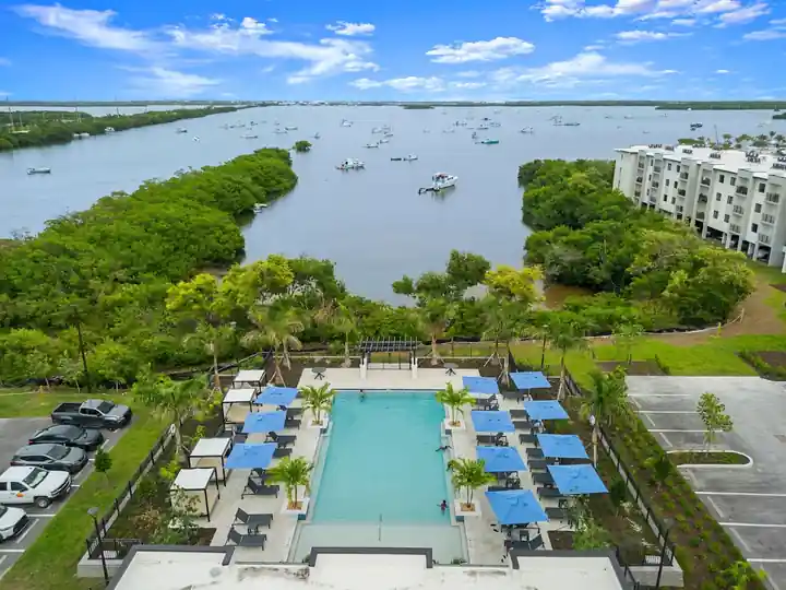 Aerial of a long rectangular community pool with blue umbrellas between apartment buildings and mangroves