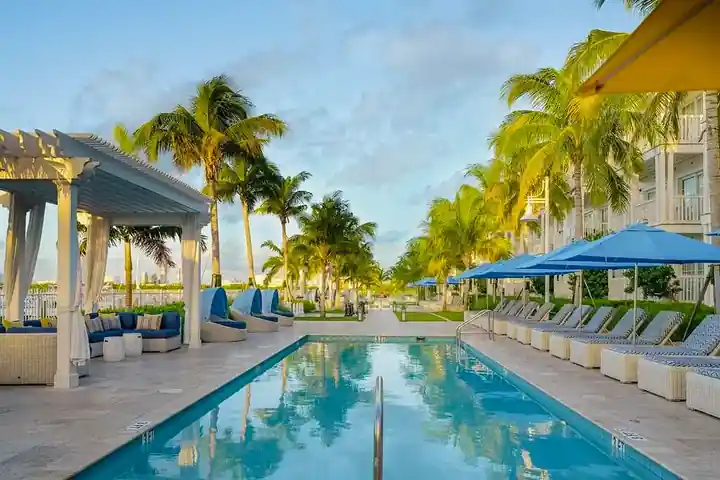 Long lap pool flanked by loungers, blue umbrellas and palms at Oceans Edge